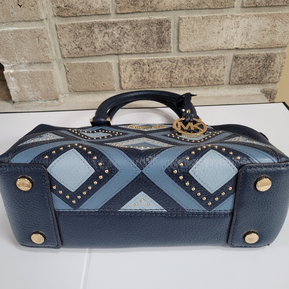 Like New Michael Kors Riley Blue Studded Patchwork Satchel - Picture 9 of 15
